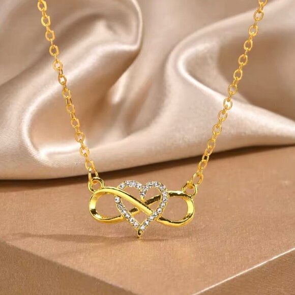 NEW Infinity Heart Pendant Necklace CZ Pave 14K Yellow Gold Plated Thin Chain - Picture 6 of 11